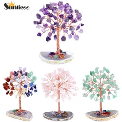 Sunligoo Super Mini Crystal Money Tree Filo di rame avvolto con base a fetta di agata Pietra preziosa curativa Yoga Feng Shui Alberi Decorazioni per la casa