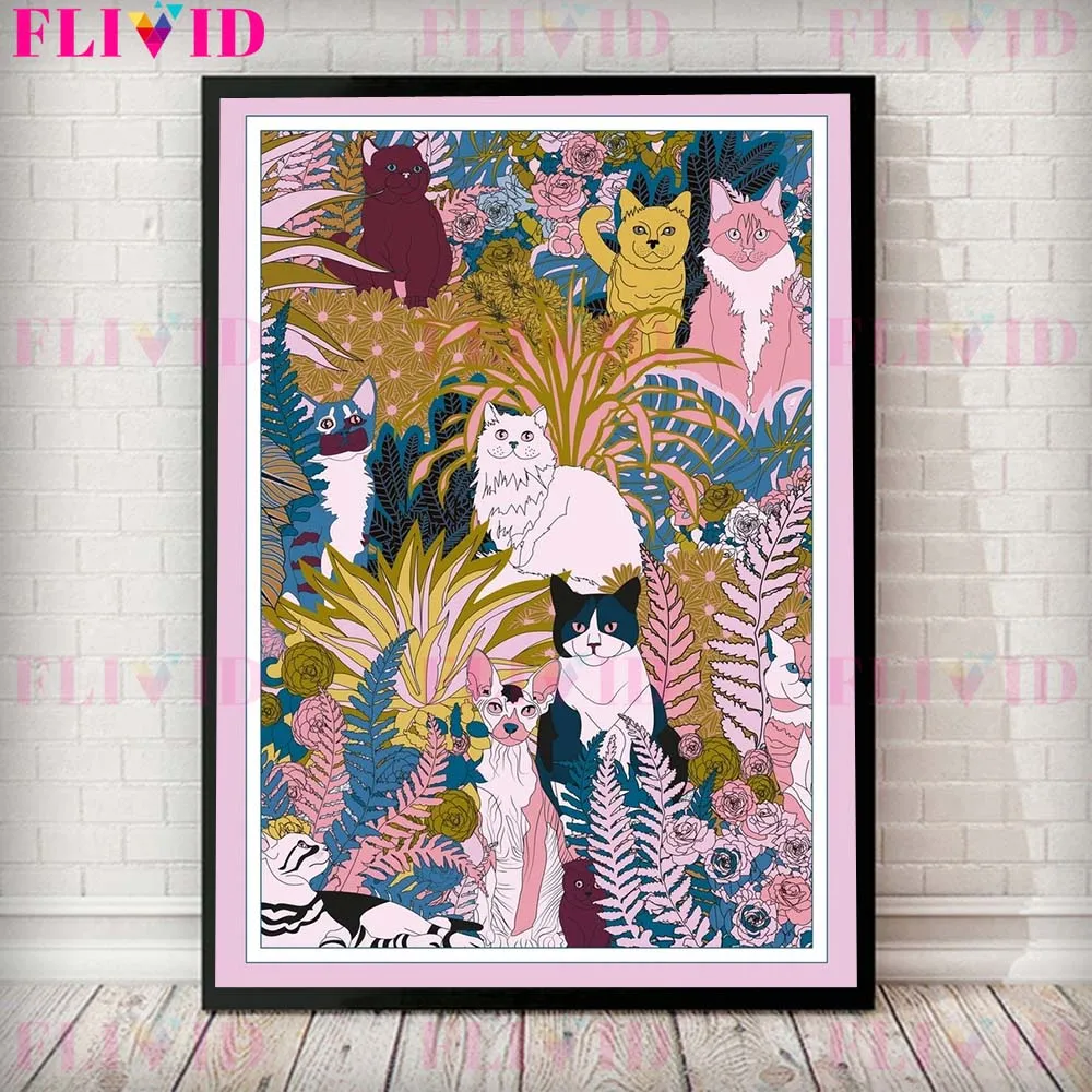 

Винтажный постер в скандинавском стиле с изображением кота, мультяшных животных, цветов, растений, настенная Картина на холсте, настенные к...