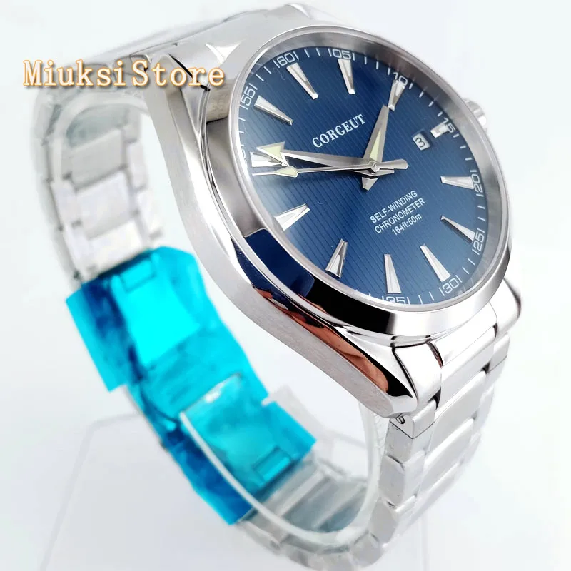 41MM Corgeut Silver watch case sapphire crystal blue dial date luminous automatic mens top luxury business watch