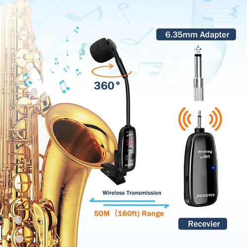 Imagen 2 del producto XIAOKOA-Sistema de micrófono de saxofón Inalámbrico UHF, transmisor receptor inalámbrico de instrumentos musicales con Clip para trompeta de saxofón