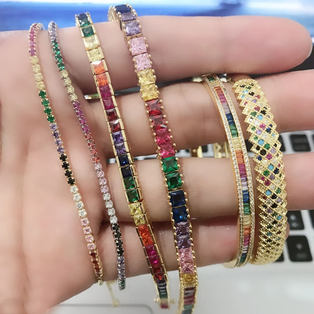 New Shiny Cz Fine Bracelet Rainbow Colorful Square Cz Tennis Chain Gorgeous Trendy Full Cubic Zirconia Bangle Fashion Jewelry