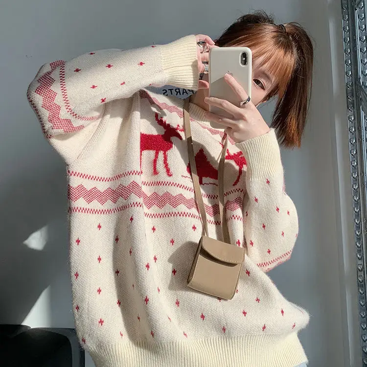 Woman Sweaters Pull Hiver Autumn and Winter Loose Thickened Christmas Deer Sweater Women\'s Pullover Femme Chandails