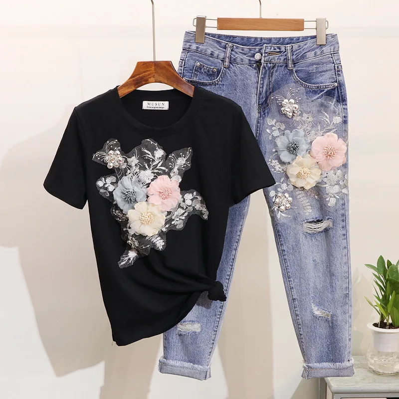 Summer Fashion Women T Shirt Jeans European Style Denim Suit Embroidery 3D Flower Female Trousers Vintage Beading Sets S-XXL