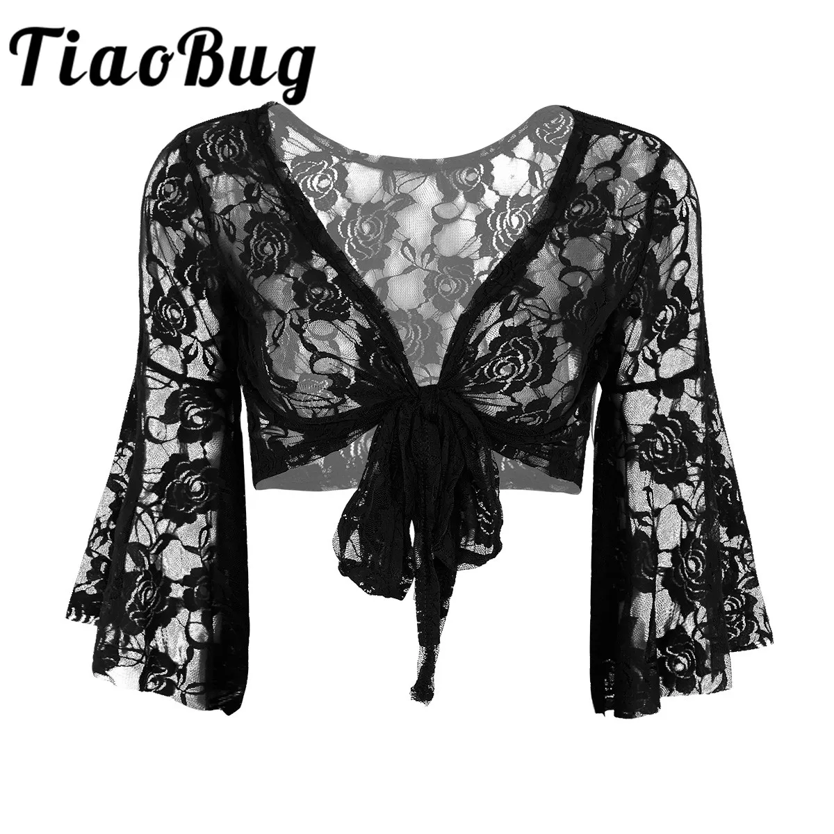 Elegante Frauen Schwarz Weiß Spitze Damen Hochzeit Party Lange Flare Sleeves Shrug Cropped Jacke Shrug Für Abend Formale Prom Bolero