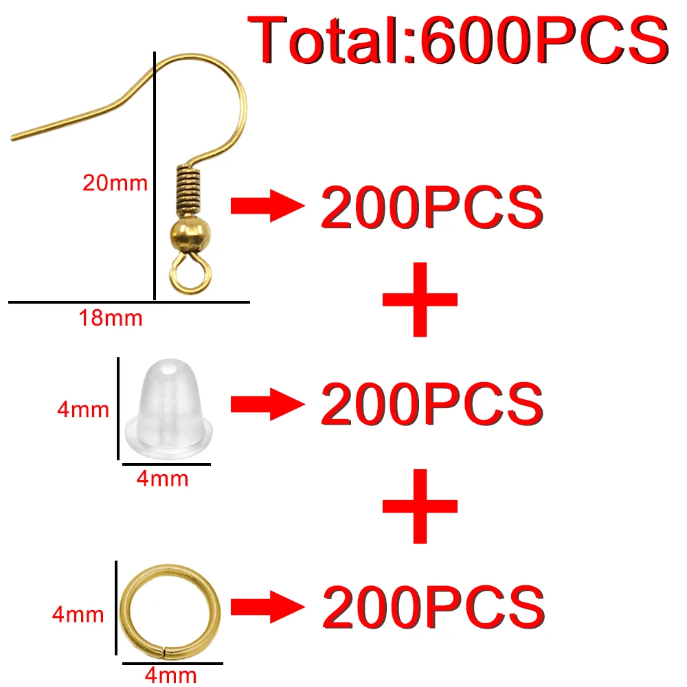 200-600Pcs/Set Mix-color Plated Earring Hooks Stud Plugs Open Jump Rings Jewelry Making Accessories Kit for DIY Earring Jewelry