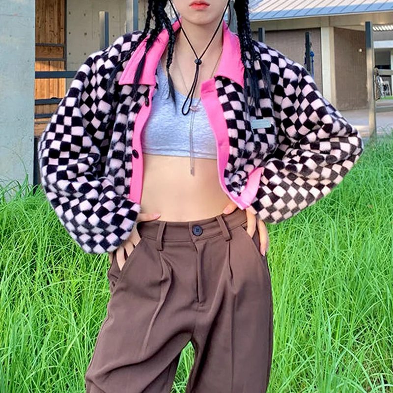  Korean Fashion Y2k Tops Harajuku Checkerboard Sweater Autumn New Cropped Cardigan Women Contrast Color Knitwear Streetwear