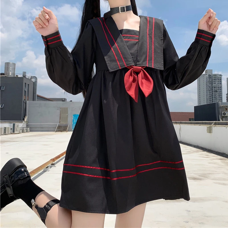 

Japanese JK Uniform College Style Dark Retro Sailor Collar Long-Sleeved Student Dress 020 kawaii clothing sweet lolita dress