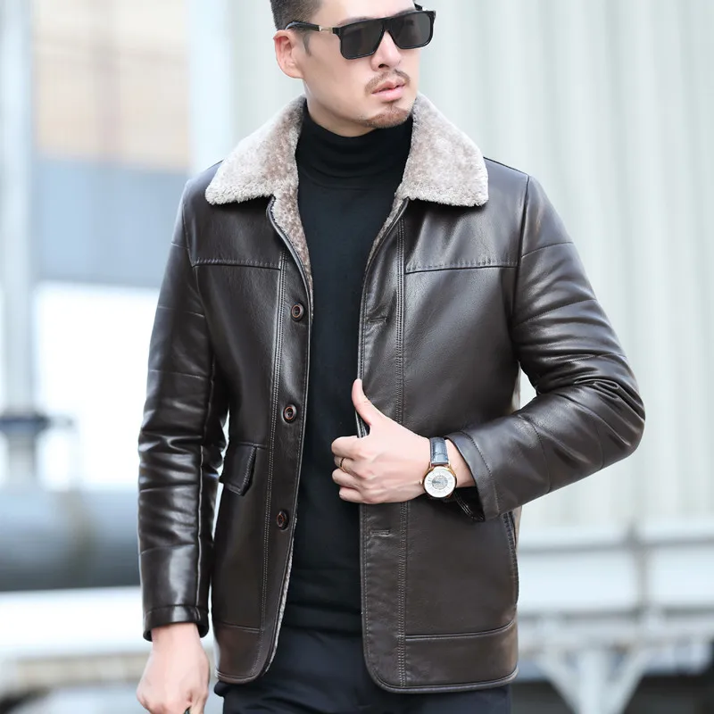YX-838 Natural Leather Men\'s Autumn and Winter Sheepskin Casual Lapel Mid Length Business Leather Down Jacket Plus Size