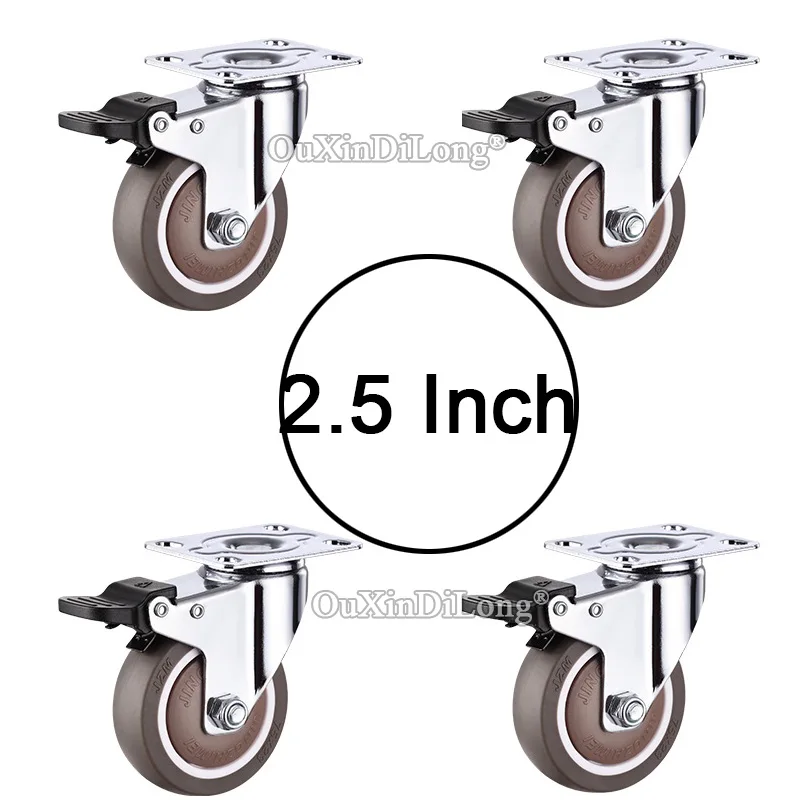 4PCS 2.5Inch Heavy Duty Load 150KG Rubber Swivel Casters With Brake Mobile Wheels For Furniture Trolleys Medical Equipment GF694