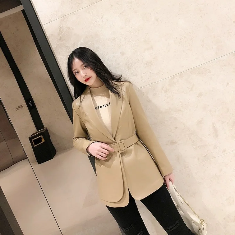 Office Elegant Ladies Suit Coat Slim Sashes Genuine Leather Short Jacket Designer Luxury Sheepskin Outerwear Female Casual Tops