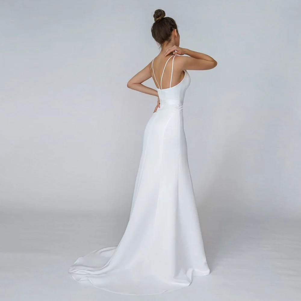 Sexy cetim sereia vestido de casamento lado fenda tiras finas sem costas simples simples simples vestido de noiva mariage vestidos de noiva