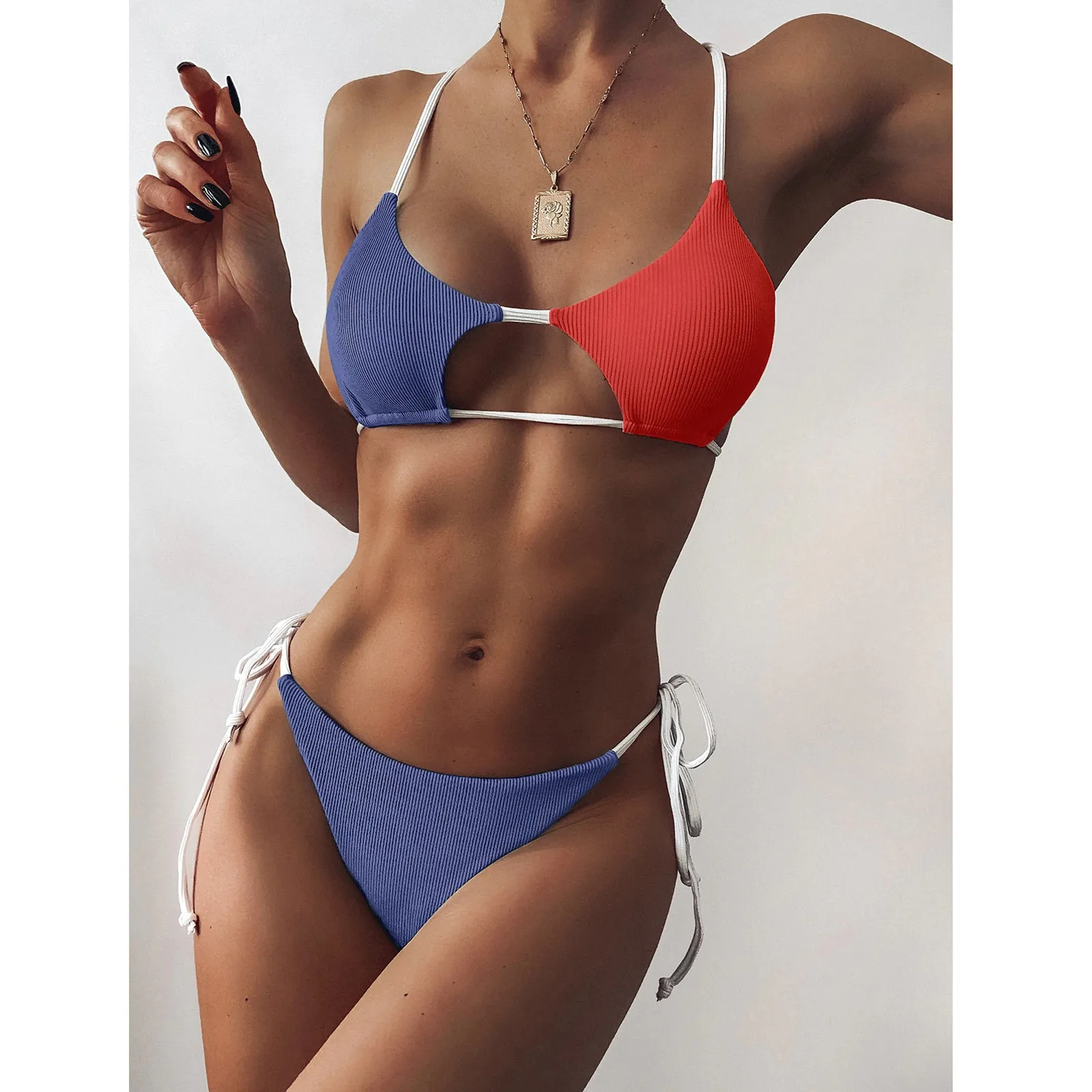 Bikini 2021 Woman Swimwear Lingerie Set Swimsuit Women Striped Push Up High Cut Hight Waist Halter Bikini Set Two Piece Swimsuit