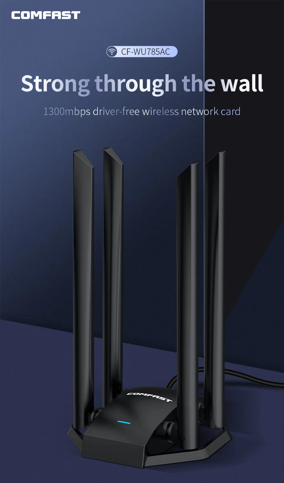 Comfast 1300Mbps WI-FI Receiver 4*6dBi Dual Band Antenna Driver-Free Long Range Network Card 2.4&5GHz Desktop Adapter CF-WU785AC