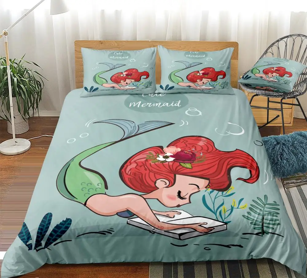 

Mermind Duvet Cover Set Cartoon Fairy Tales Bedding Set For Girls Kids Green Beds Set Home Textiles Microfiber Bedspread