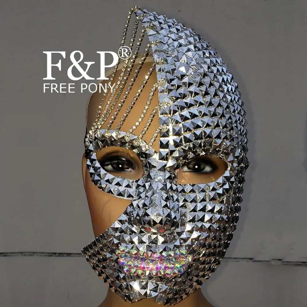 

Festival Silver Studded Half Face Moon Lunar Mask Carnival Costume Gogo Dancer Halloween Cosplay Accessories