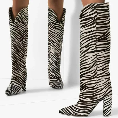 

Zebra Horsehair Knee High Boots Women Imitation Horse Hair Suede Boots 11 Cm Round Heel Botas Spring Autumn Runway High Booties