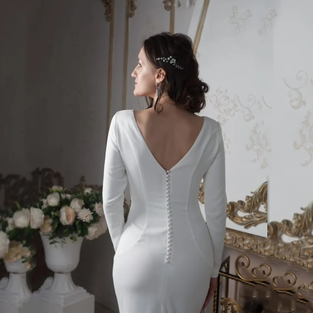 Robe de mariée sirène à manches longues, élégante, simple, classique, gaine, col rond, train de balayage, dos nu, sur mesure, 2024