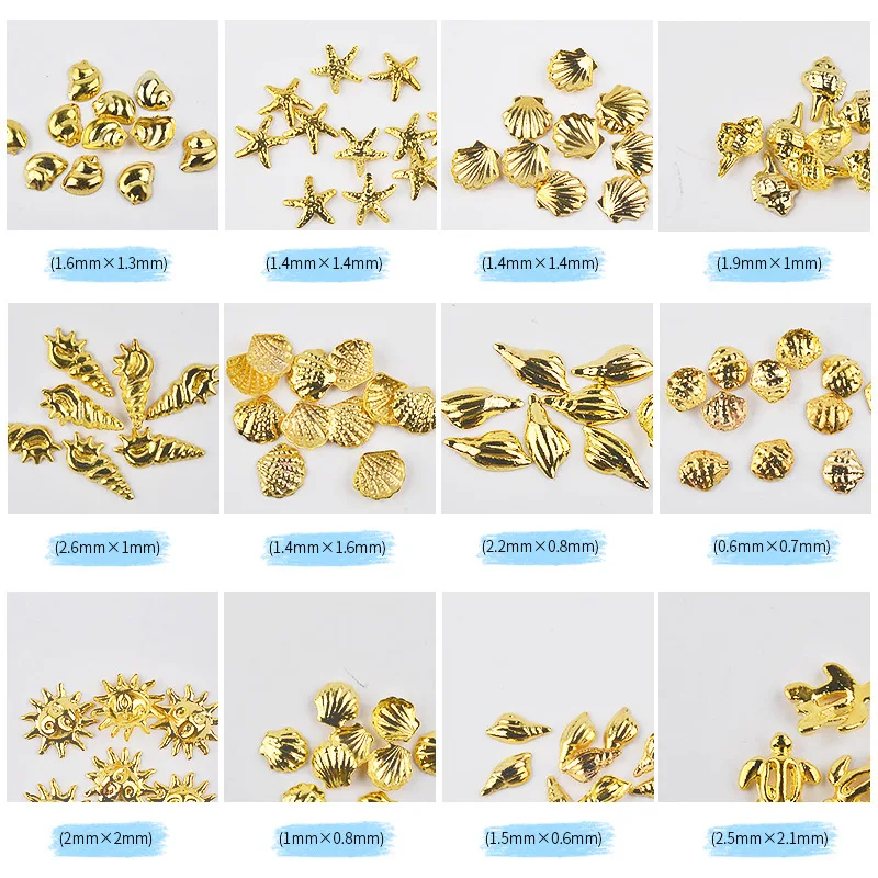 1 Box Gold Ocean Theme Metal Studs Sea Starfish Shell Turtle Slice Flakes 3d Nail Art Decoration In Wheel DIY UV Manicure Tools