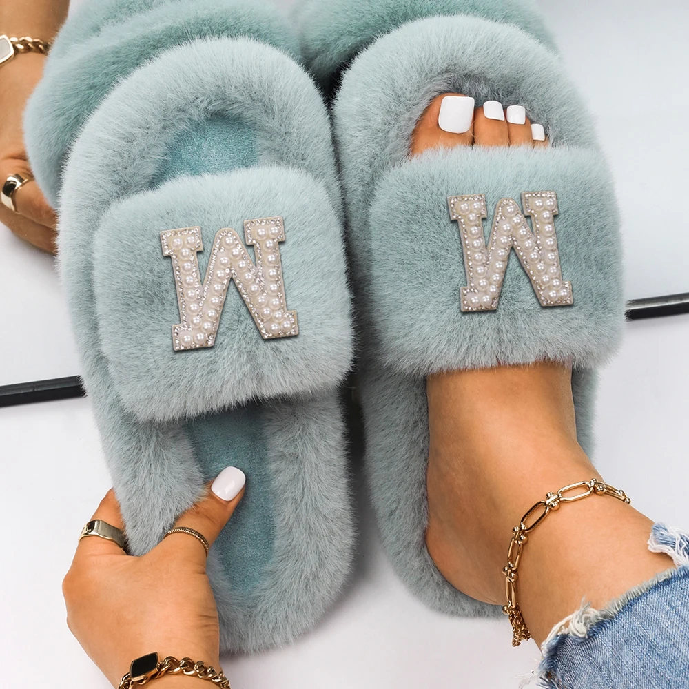 Slippers Pearl Letter Furry Slides Ladies Fluffy Flip Flop Platform Fur Sandal Designer Customized Personalized Gift Custom Name