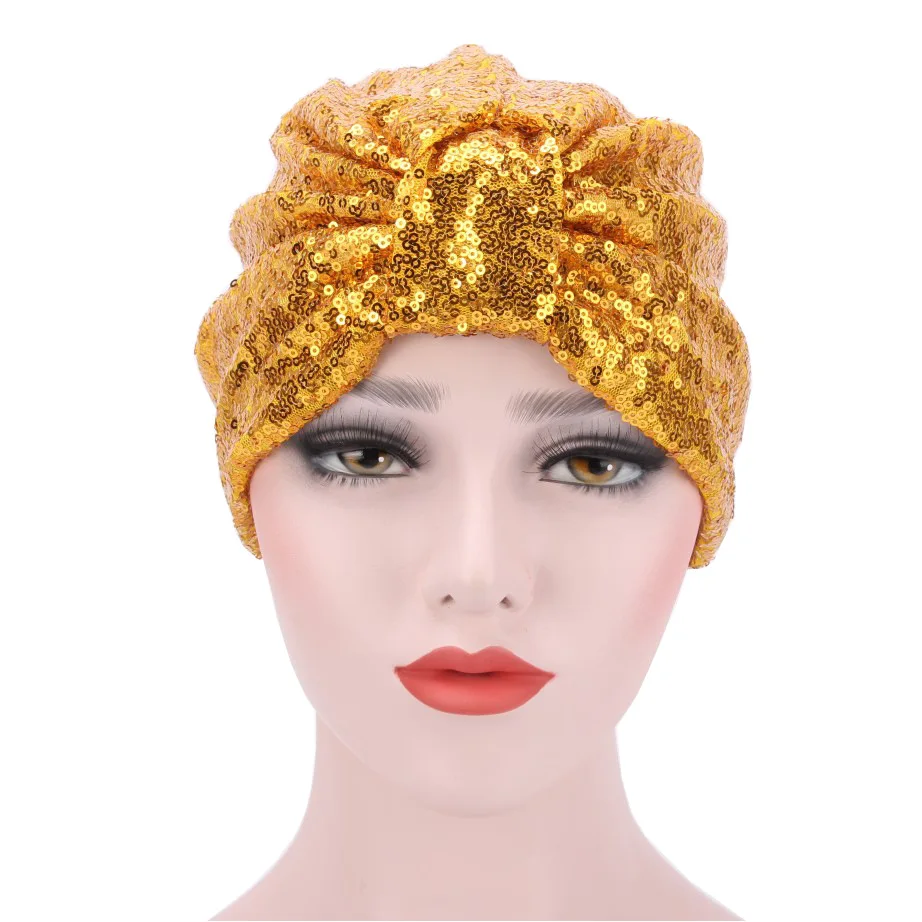 2021 New Women Glitter Sequins Turban Cap Muslim Fashion Headwear African Headwraps Ladies Headscarf Bonnet Islamic Hijab Caps