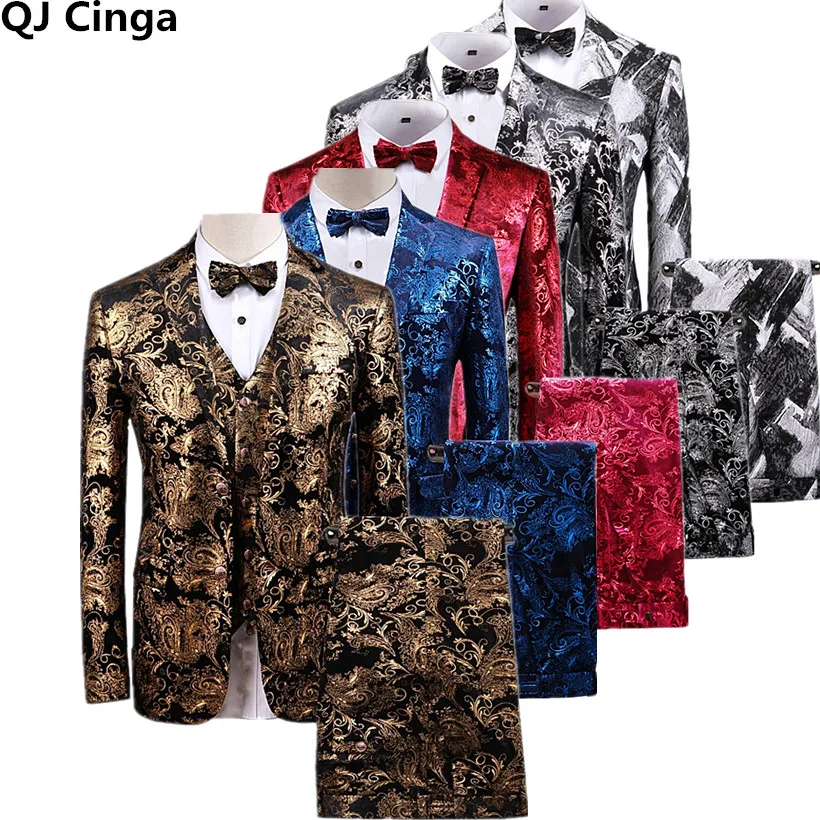 Gold Printed 3 Piece Tuxedo Suit Men Brand Slim Fit Wedding Party Dress Terno Masculino Party Prom Stage Costume Homme