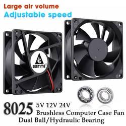 Gdstime DC 5V 12V 24V 48V 80mm 8025 wentylator do obudowy komputera 80x80x2 5mm obudowa PC CPU bezszczotkowy wentylator chłodzący hydrauliczny/podwójny Ball Radiator