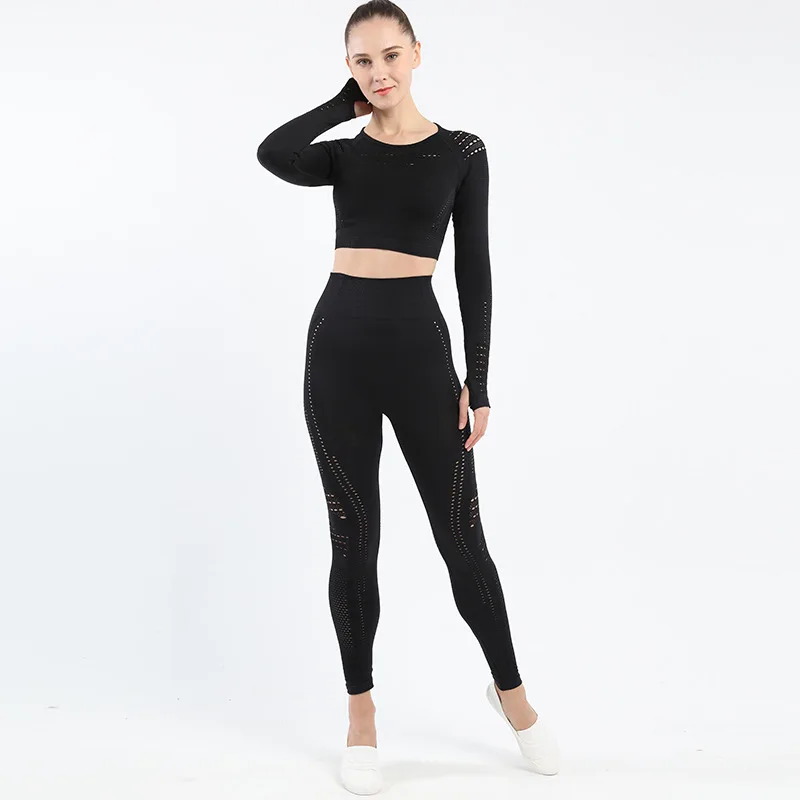 Women Seamless Yoga Set Fitness Sports Suits Cloth Long Sleeve Crop Top Shirts High Waist Running Leggings Workout Tracksuits