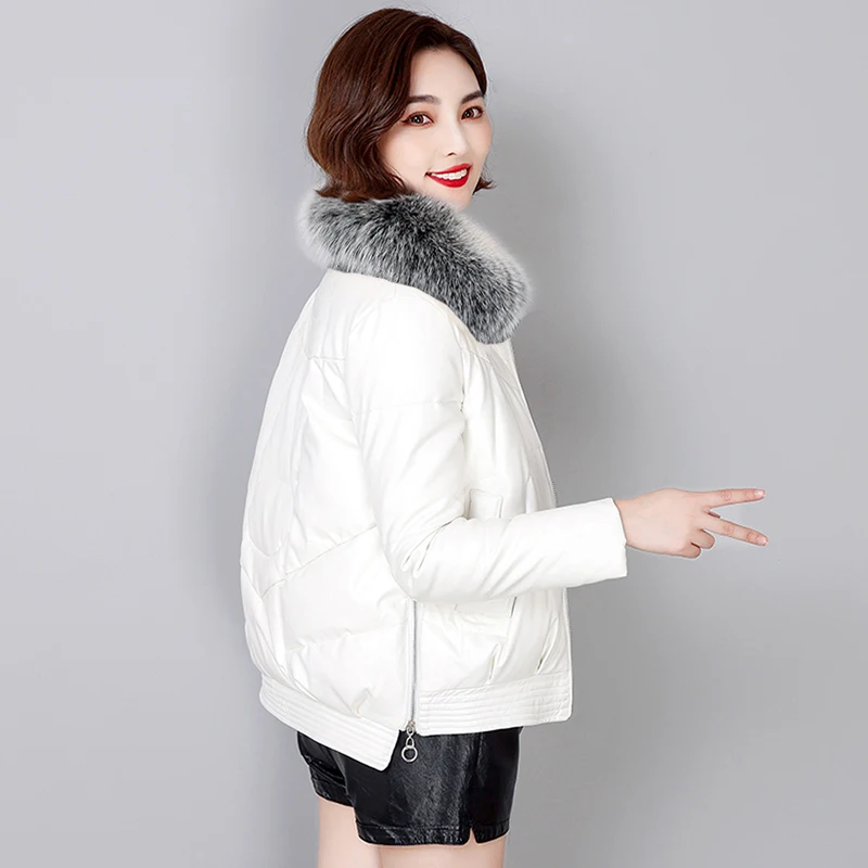 New Women Leather Down Jacket Winter Fashion Warm Real Fox Fur Collar Slim Short Sheepskin Outerwear White Duck Down Coat Female
