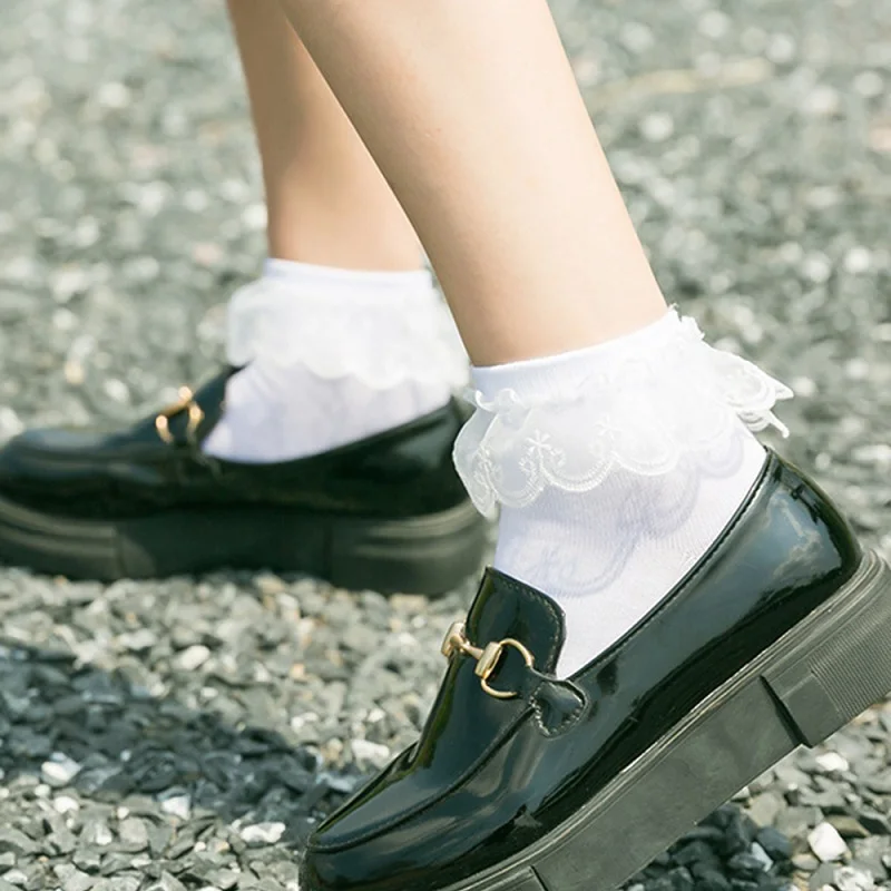 Women's Harajuku Sweet Retro Lace Short Socks Lolita Frilly Ruffle Cotton Princess Soft Comfortable Solid Ankle Socks for Girls