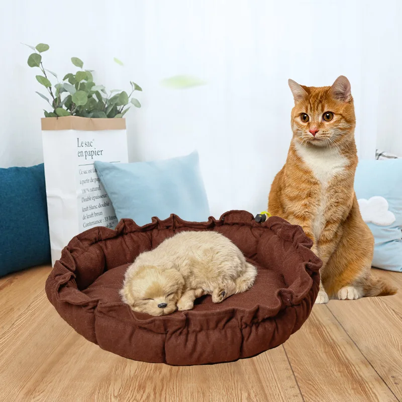 Round Cat Bed Pad House Dog Mat Winter Warm Sleeping For Small Pet Soft Cotton Nest Pet Cushion Drawstring Portable Pet Supplies