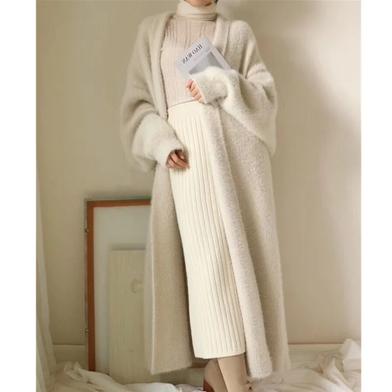 Synthetic Mink Cashmere Sweater Cardigan Women Winter Coat Batwing Sleeve Knitted Long Cardigan Thick Oversize Fluffy Sweaters