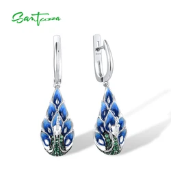 SANTUZZA Pure 925 Sterling Silver Earrings For Women Green Spinel Blue Enamel Peacock Animal Drop Earrings Fine Jewelry Handmade