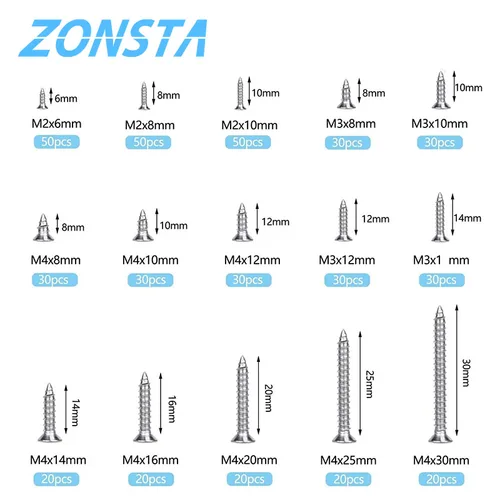 Imagen 2 del producto Juego de tornillos de rosca de cabeza plana avellanada M2 M3 M4, 460 Uds., kit surtido de tornillos de madera empotrados en cruz pequeña de acero inoxidable 304