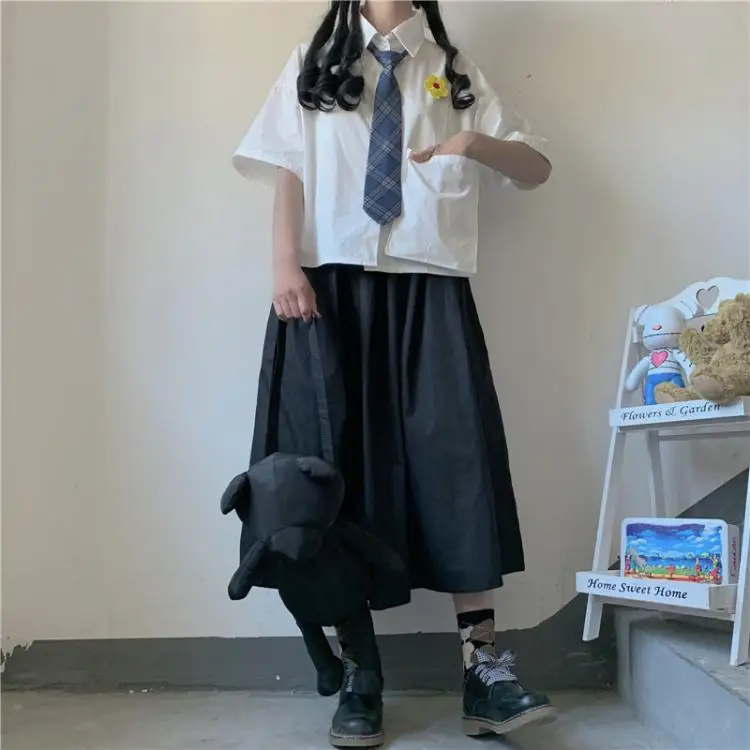 College Flower Embroidered All-match Short-Sleeved Shirt + Loose High Waist Slimming A-line Skirt  japanese school girl uniform