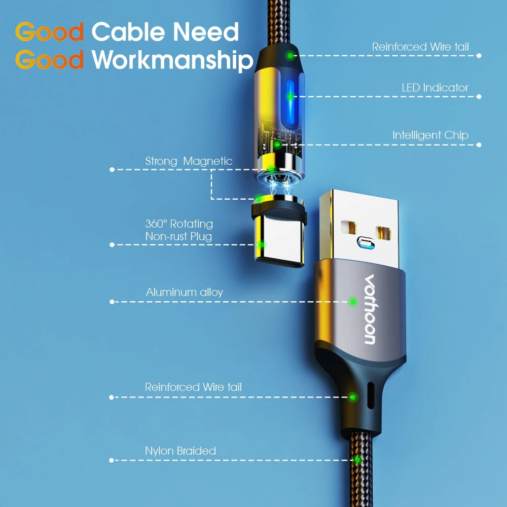 Vothoon 3 in 1 Magnetic Cable Fast Charging Micro USB Type C Cable Magnet Charge Wire Mobile Phone Cable USB C Cord