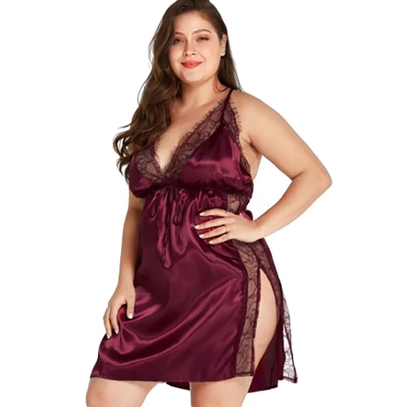 Plus größe frauen einteiliges pyjamas sets Sexy Satin Nachthemd Nachtwäsche Spitze Ärmel Dessous V-ausschnitt Nachthemd Größe s-5XL