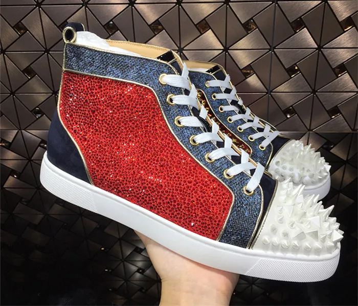 SHOOEGLE Luxury Crystal Spikes Men Shoes Rivets Red White Platform Sneakers Mens High-Top Lace-up High Quality Motorcycle Shoe