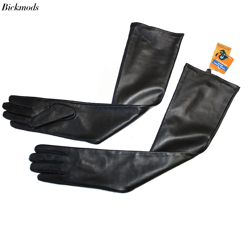 Super Long Sheepskin Gloves Women Leather Touch Screen Elbow Length Thin Silk Spring and Autumn Thick Velvet Lining Arm Sets