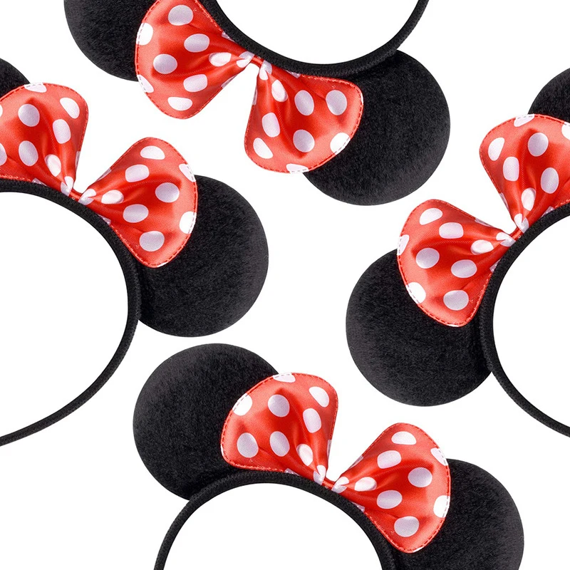 6Pcs Mickey Mouse Ears Solid Black Red Bow Headband Set Costume Deluxe Fabric Mouse Ears Headband for Party Favor Decorations