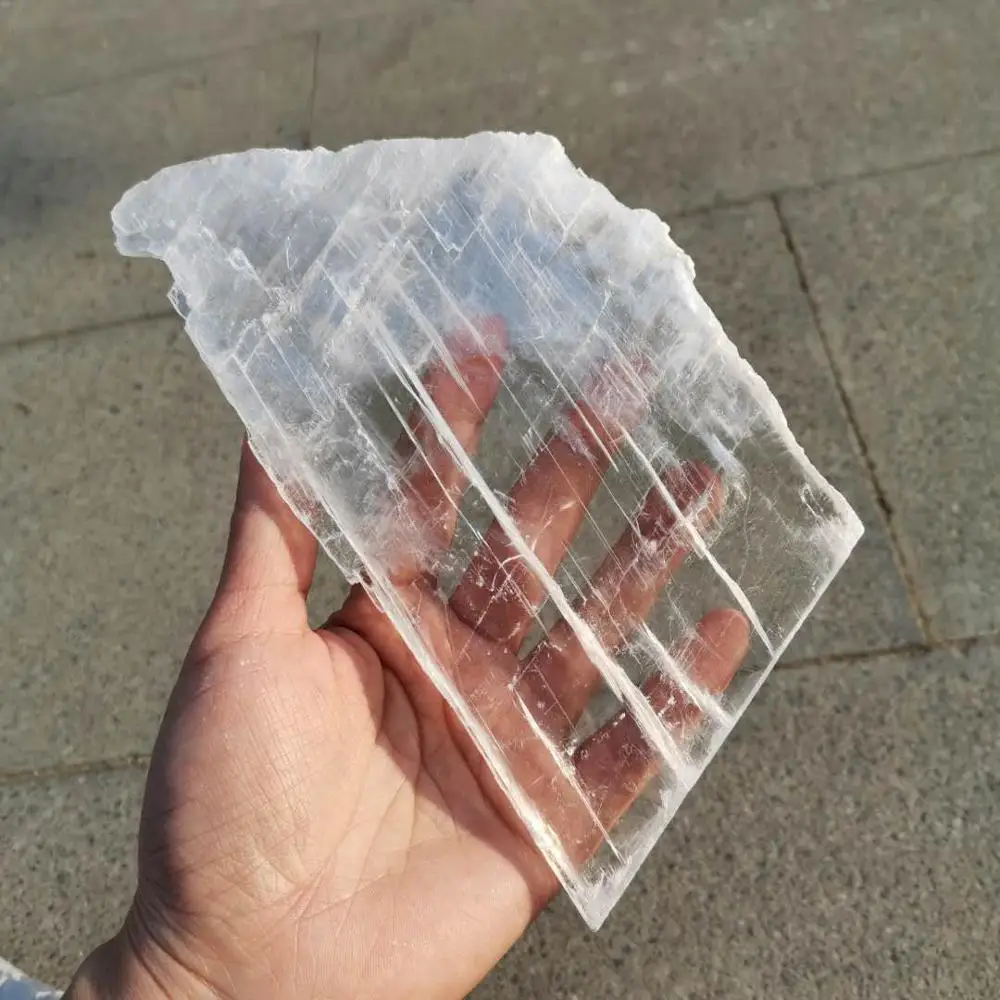 Natural white rough selenite crystal slab transparent gypsum specimen