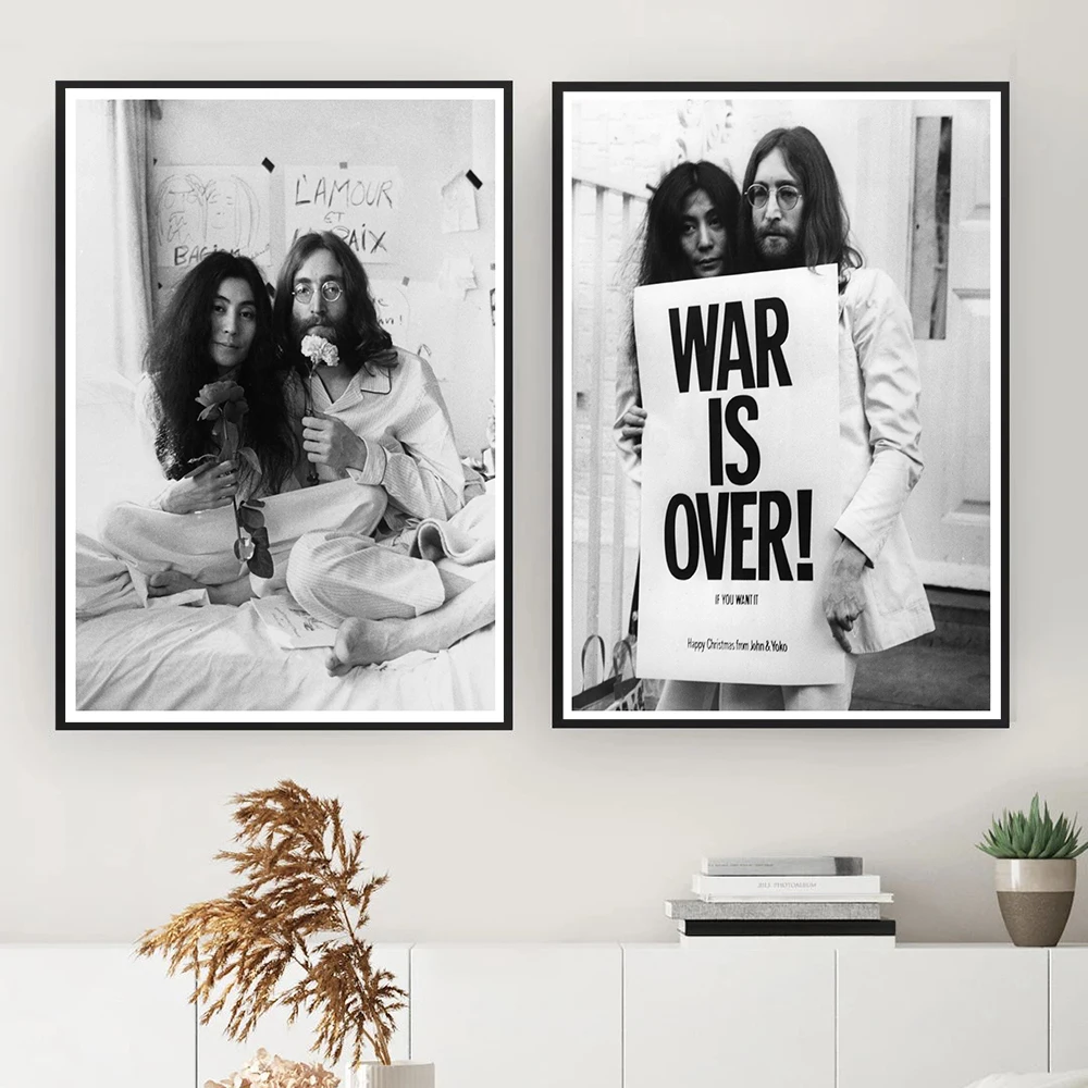 Black White Print John Lennon & Yoko In Bed War is Over Quotes Wall Art Canvas Painting Iconic Art work Poster Home Wall Decor