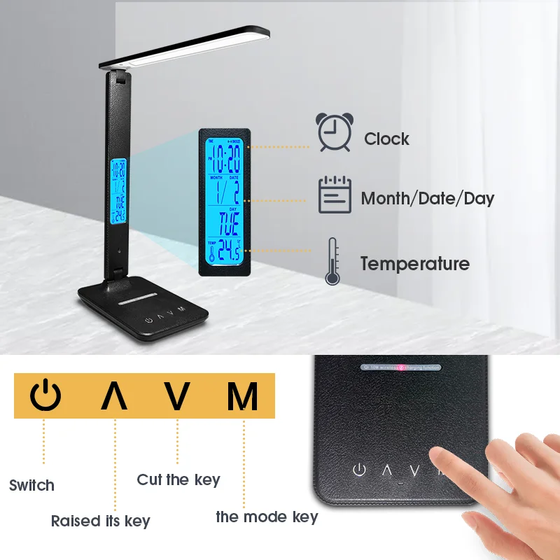 Lampada da scrivania a LED a ricarica Wireless QI calda 10W con calendario temperatura sveglia protezione degli occhi lampada da tavolo lampada da