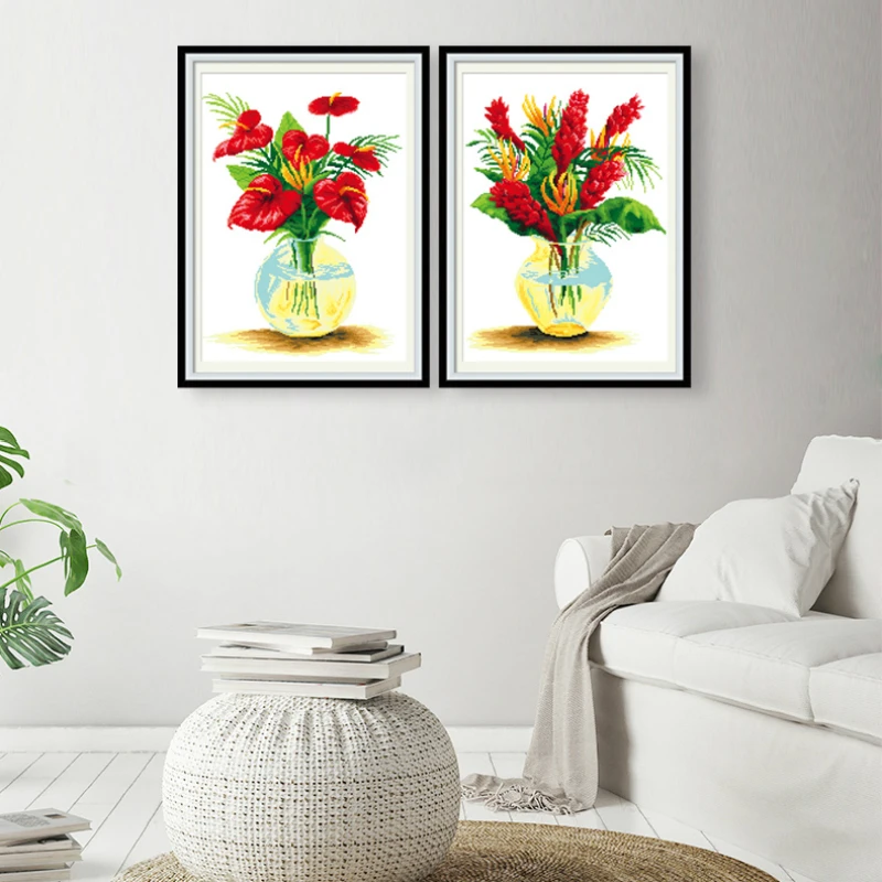 Cross stitch printed canvas, bright flowers, blooming in a vase, borduurpakketten kruissteek Tela Punto de Cruz 11ct