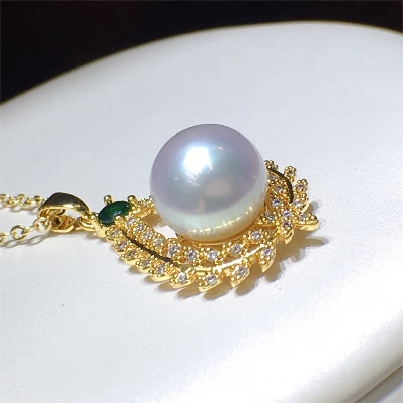 HABITOO Luxury Natural 10-11mm White Round Cultured Pearl Green Ruby Cubic Zircon Pendant Chain Necklace Adjustable Ring Set