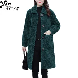 UHYTGF Elegant Mother Winter Fur Jacket Fashion Single-Breasted Loose Big Size Coat Mid-Length Casual Warm Women Outerwear 1994