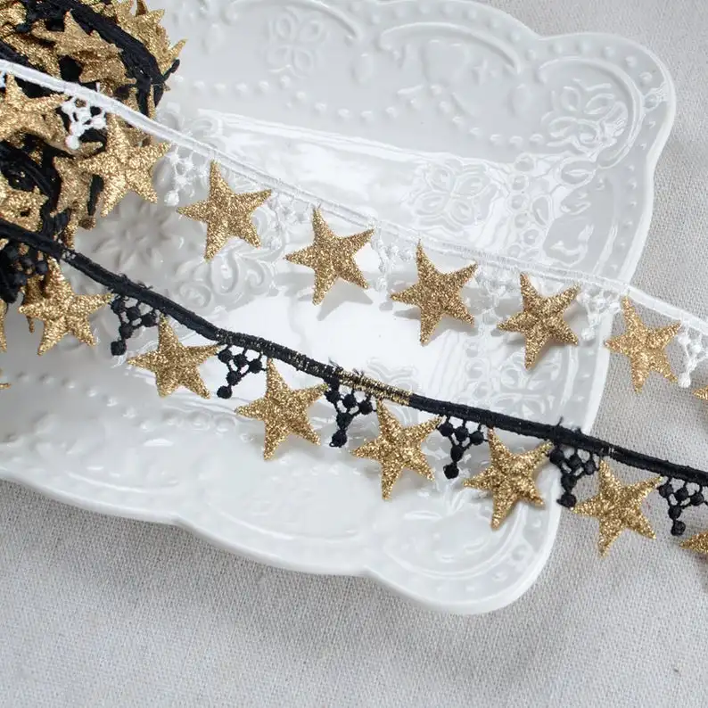 

Gorgeous Gold 3D Star Lace Trim, Fringe Tassel Lace, Venice Lace Trim, Water Soluble Lace Ribbon By Yard