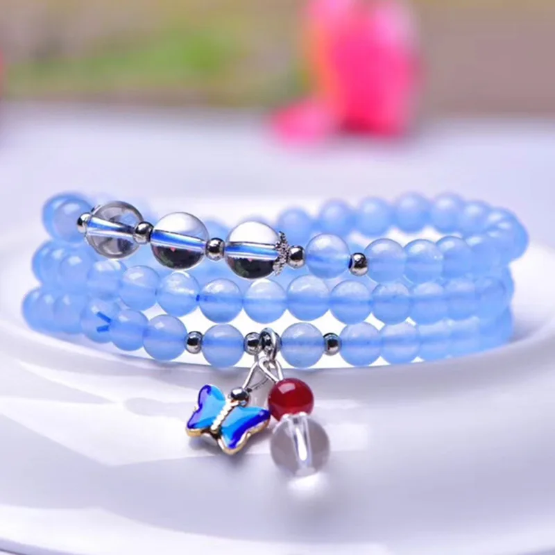 Blue Chalcedony Charm Bracelet 6mm Round Beads Three Turns Cloisonne Butterfly Pendant Crystal Bracelets Gifts for Women Jewelry