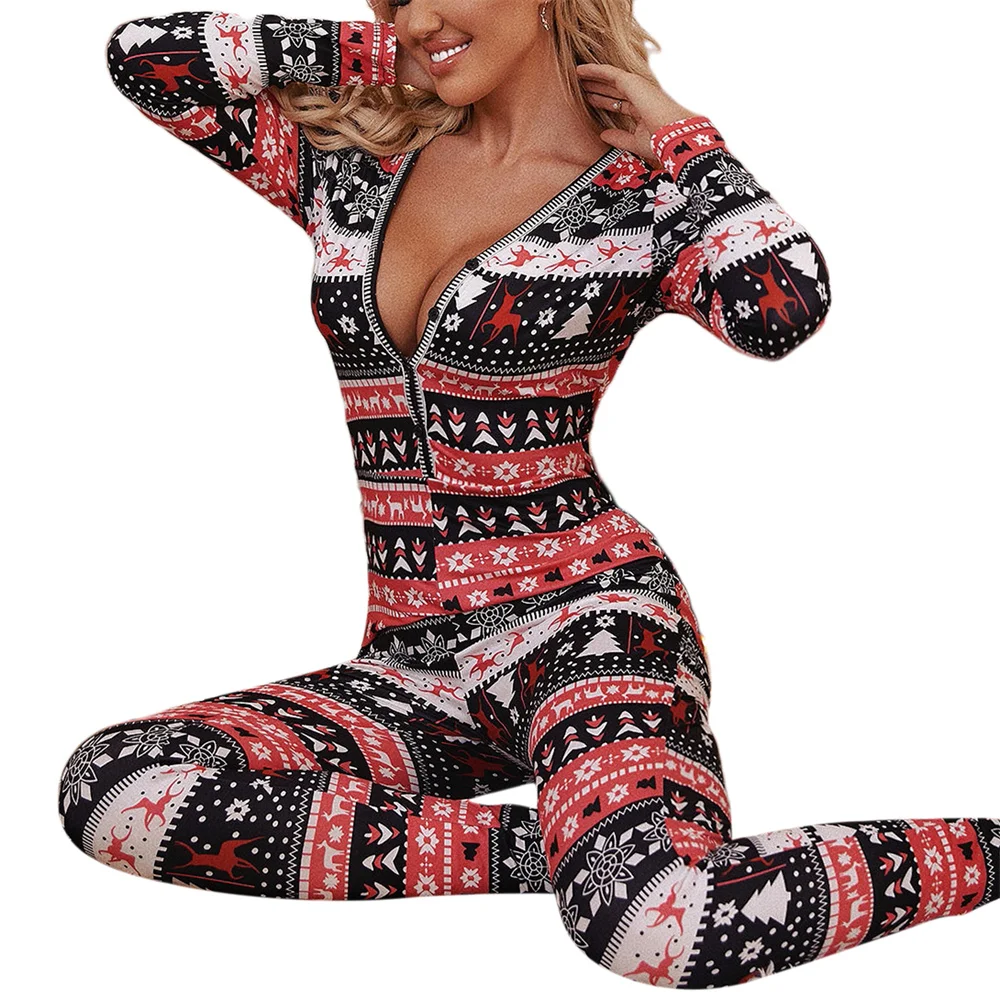 Christmas Women Pajamas Jumpsuit for Women Sleepwear V Neck Long Sleeve Christmas Cartoon Printed Pajamas Overall Homewear