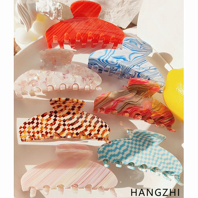 HANGZHI New French Grid Stripe Cream Floral Acetate Hair Clip Shark Hairpin Retro Trendy Hair Accessories for Women Girls 2021