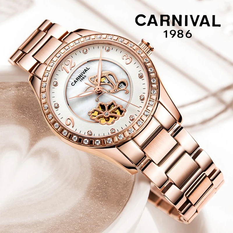 Carnival Brand Luxury Rose Gold Stainless Steel Ceramics Strap Mechanical Watches Women Fashion Diamond  Luminous Skeleton Watch